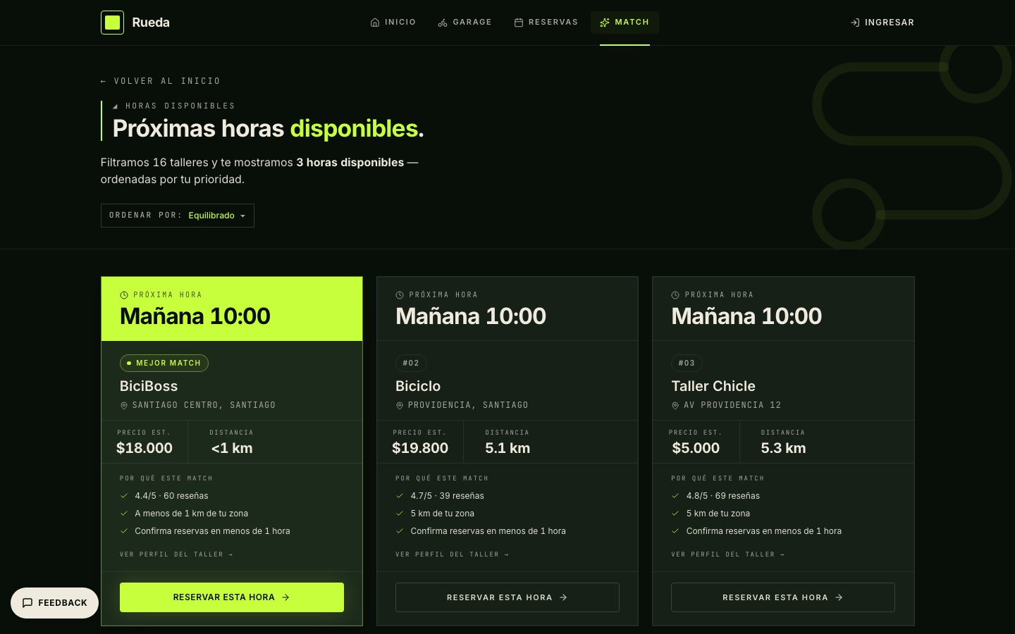Match de Rueda: opciones de taller comparadas con precio y distancia