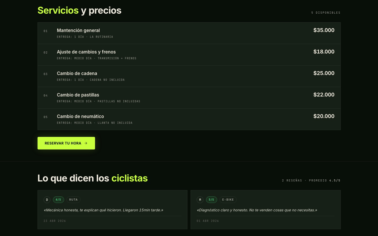 Tabla de servicios y precios de un taller