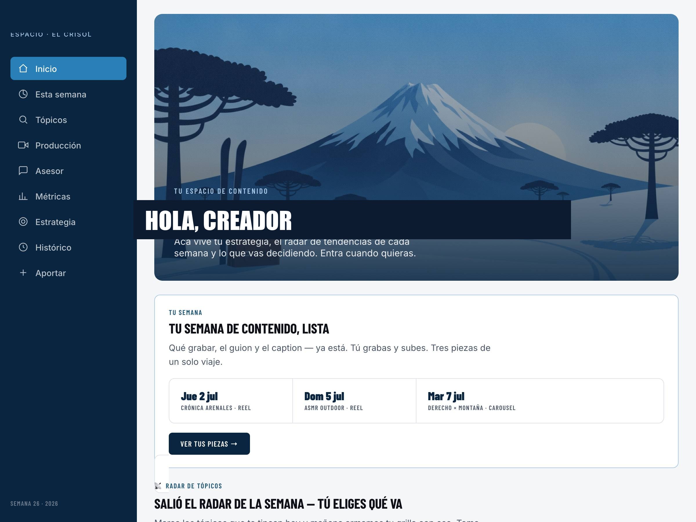 Portal privado para creadores de contenido: panel con la semana de contenido, producción y métricas