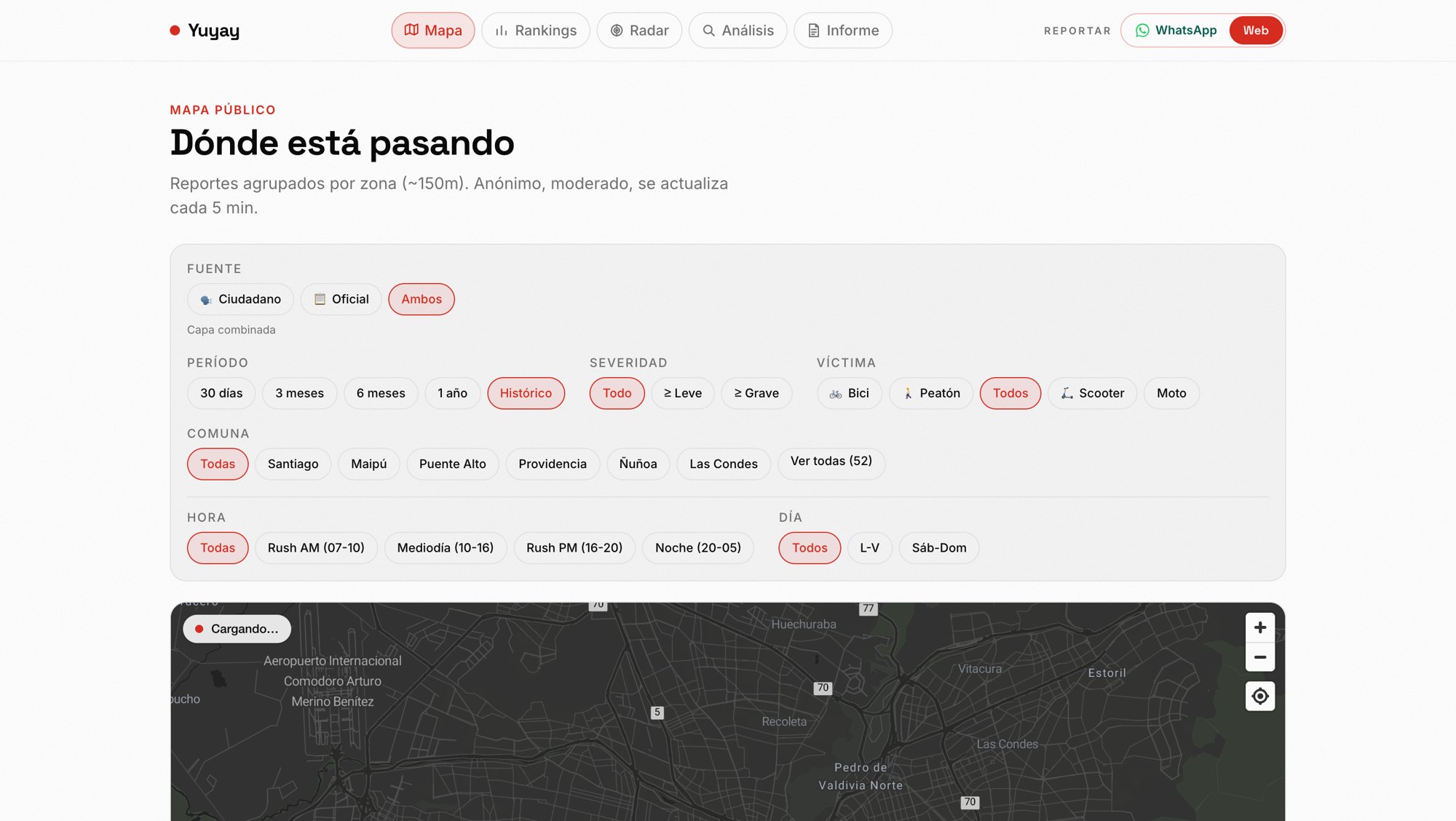 ovioVia — portal cívico: mapa público de reportes con panel de filtros por zona, fecha y tipo